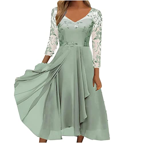 Sexy Damen Für,Kleid Damen Sommer Damen Kleid Chiffon Elegantes Spitze Patchwork Ausschnitt Langes Langarm Brautjungfer Abendkleid Mittelalter Kleidung Damen Jeanskleid A Linie (Grün,XXL) von DRILEND