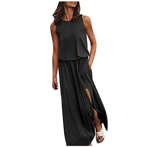 Sexy Kleid Damen,Kleid Elegant Damen Ärmellose Casual Solid-Color Sommer Swing Lange Kleider Party Strand Rundhalsausschnitt Sommerkleider Tunika Kleid Damen Sommer Hochzeitsgast (Schwarz,S) von DRILEND