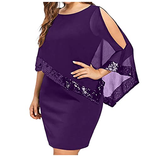 Sommerkleider Knielang, Neckholder Kleider Lange Sommerkleid Damen Lang Damenmode Plus Größe Unregelmäßig Pailletten Spleißen Trägerlos Chiffon Rundhalsausschnitt Kleid Damen (Lila,L) von DRILEND