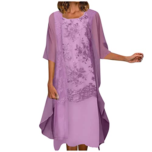 Strickkleid Damen, Bunte Sommerkleider Maxikleider Damen Kleid Women's Lace Print Cocktailkleid Festliche Brautjungfer Hochzeit Midi Abendkleider Ärmellos Vintage Tüll Strickjacke (Violett,XXL) von DRILEND