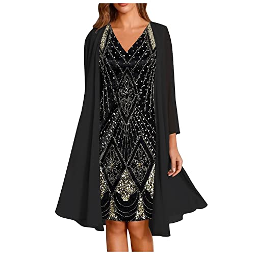 T Shirt Kleid Oversized Damen, Abendkleider Elegant Für Hochzeit Kleid Mit Hose Drunter Party Outfit Damen Damen Mode Elegante Print Chiffon Ärmelloses V-Ausschnitt Kleid Zweiteiliges (Schwarz,L) von DRILEND