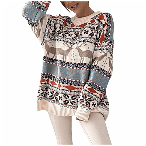 Weihnachts Pullover Man,Damen Italienische Mode Personalisierte Pullover Damen Muster Wolle Stricken Pullover Damen Animal Print Ausstecher Pullover Besticken Kurz(8-Beige,M) von DRILEND