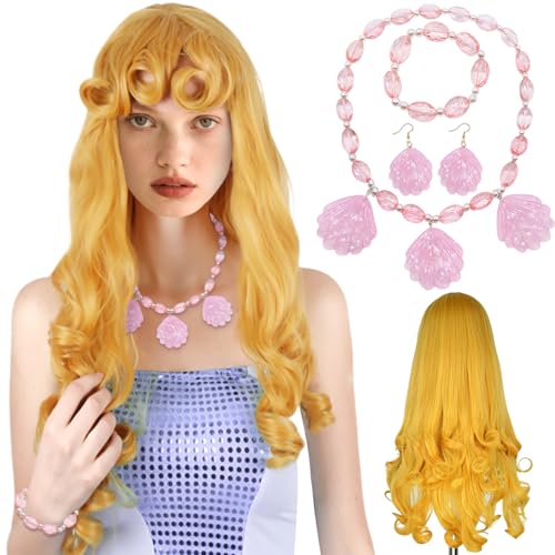 DRJCKOLOTH Prinzessin Perücke,Prinzessin Cosplay Perücke,Cosplay Perücke Zubehör,Blonde Perücke,Glitzer Muschel Halsketten,Geeignet Für Karneval, Party Und Maskerade Mädchen Verkleidung von DRJCKOLOTH