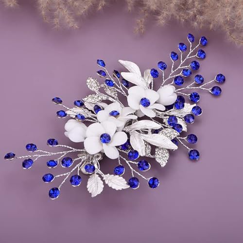 DRJUSS Luxus Strass Braut Haarspange Gold Trendy Blume Hochzeit Kopfschmuck Zubehör Handgemachte Party Braut Kopfschmuck Diademe-Blau von DRJUSS