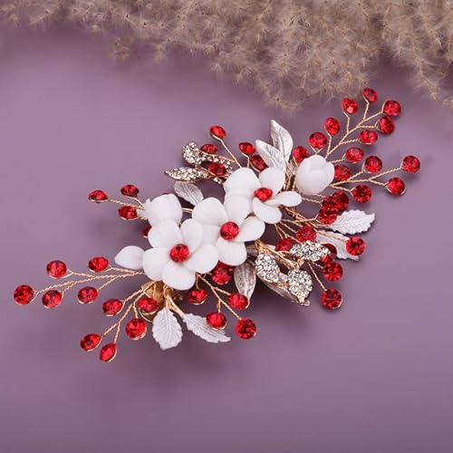 DRJUSS Luxus Strass Braut Haarspange Gold Trendy Blume Hochzeit Kopfschmuck Zubehör Handgemachte Party Braut Kopfschmuck Diademe-Rot von DRJUSS