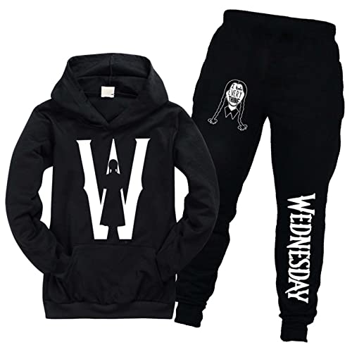 DROLA Kinder Wednesday Pullover und Hose Set für Jungen und Mädchen Casual Hooded mit Taschen Workout Unisex Pullover von DROLA