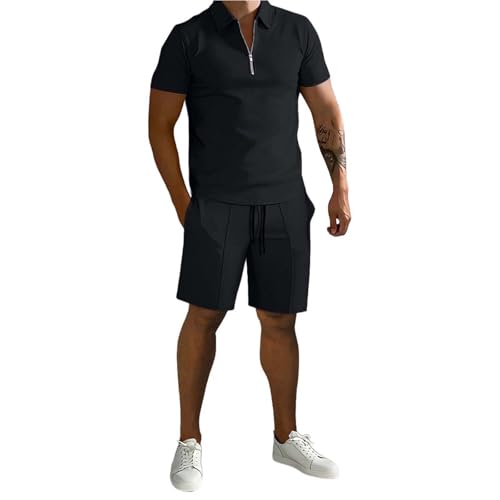 Herren Polo+Shorts Sets Casual Pure Colour 2Piece Set Waffle Short Sleeves Shirts Homewear Outfits für Sommer von DROLA