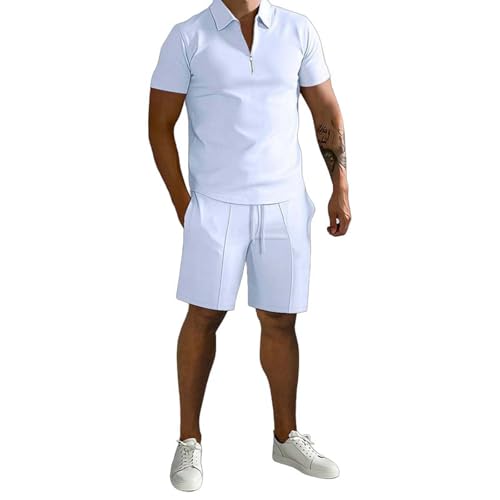 Herren Polo+Shorts Sets Casual Pure Colour 2Piece Set Waffle Short Sleeves Shirts Homewear Outfits für Sommer von DROLA
