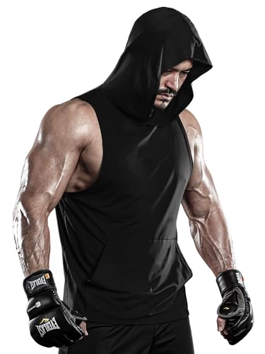 DRSKIN 1 ~ 2 Pack Herren Kapuzenpullover Tank Tops Bodybuilding Muscle Cut Off T-Shirt Ärmellos Gym Training Hoodies Workout Dry, T-Hoodie Schwarz (1 Stück), Mittel von DRSKIN