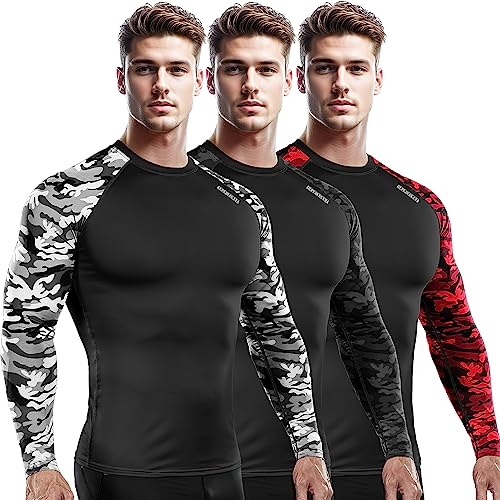 DRSKIN 5, 4, 3 oder 1 Pack Herren Kompressions-Shirts Top Langarm Sport Baselayer Workout Laufen Athletic Gym, Rund (Camo-(grau+rot+schwarz)) 3er-Pack, Large von DRSKIN