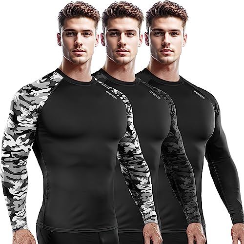 DRSKIN 5, 4, 3 oder 1 Pack Herren Kompressions-Shirts Top Langarm Sport Baselayer Workout Laufen Athletic Gym, Rund (schwarz + camo-(grau+schwarz)) 3er-Pack, XL von DRSKIN