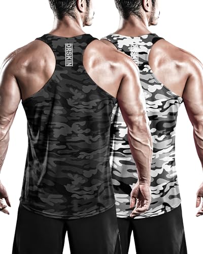 DRSKIN Herren Tanktop mit Y-Back-Rücken, ärmellos, für Fitnessstudio, Bodybuilding, Training, Athletik, Workout, coole Shirts, 3er-Pack, Btf-ta-camo grau+camo schwarz (2er-Pack), Mittel von DRSKIN