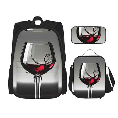 DRTGEDS 3-teiliges Rucksack-Set, Weinglas-bedrucktes Rucksack-Set mit Lunch-Tasche, Federmäppchen von DRTGEDS