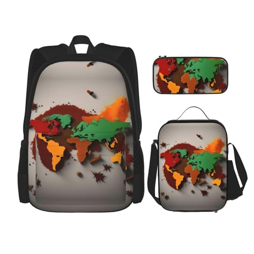 DRTGEDS 3-teiliges Rucksack-Set, Weltkarte aus Gewürzen, bedrucktes Rucksack-Set mit Lunch-Tasche, Federmäppchen von DRTGEDS