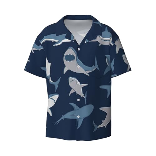 DRTGEDS Blue Cartoon Shark Herren kubanischer Kragen Hemden Button Down Tropical Urlaub Strand Shirts, Schwarz, XX-Large von DRTGEDS
