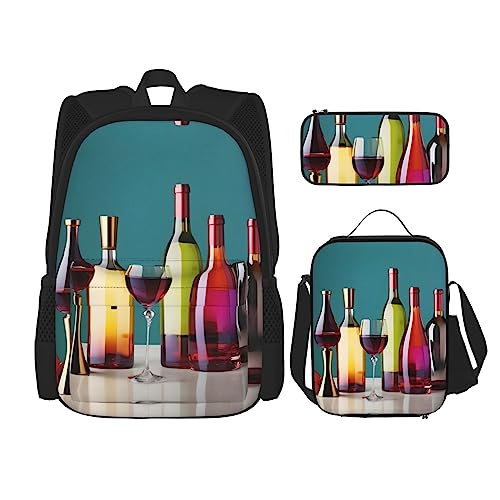 DRTGEDS Cocktail-Gläser und Weinflaschenloser Rucksack, 3-in-1-Set, lässiger Rucksack mit Lunchbox, Federmäppchen, wasserabweisend von DRTGEDS