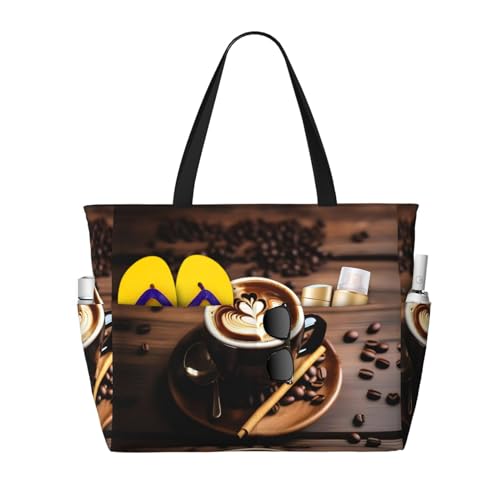 DRTGEDS Delicious Heart Coffee Beach Bag and Pool Bag for Women Tony of Pockets. Beach Tote is Zippered Gym Bag Travel, Schwarz, Einheitsgröße von DRTGEDS