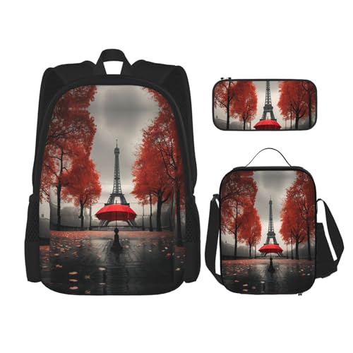 DRTGEDS Eiffelturm mit rotem Regenschirm, Rucksack mit Lunchbox, 3-in-1-Set mit Federmäppchen, Rucksack mit großem Fassungsvermögen und Brustgurt von DRTGEDS