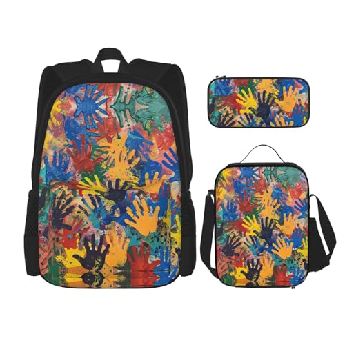 DRTGEDS Kinder-Rucksack mit Handabdruck, Lunchbox, 3-in-1-Set mit Federmäppchen, Rucksack mit großem Fassungsvermögen und Brustgurt von DRTGEDS