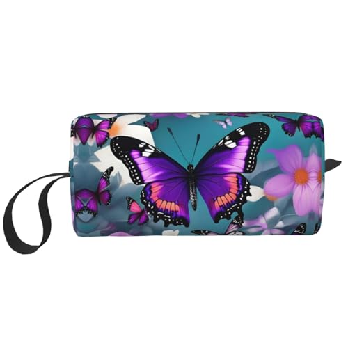 DRTGEDS Kosmetiktasche für Damen, Motiv: Schmetterlinge und Blumen, kleine Make-up-Tasche für Geldbörse, Make-up-Tasche, Reise-Make-up-Tasche mit Reißverschluss, Violett, Lila Schmetterling und von DRTGEDS