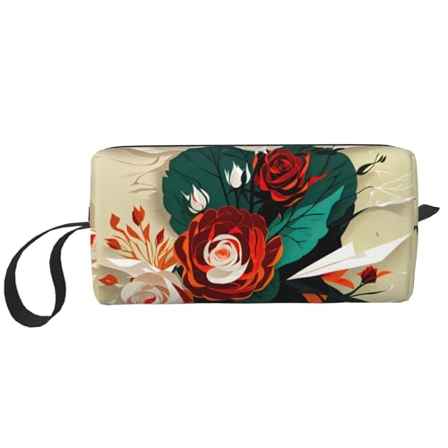 DRTGEDS Kosmetiktasche für Damen, kleine Make-up-Tasche für Geldbörse, Make-up-Tasche, Reise-Make-up-Tasche mit Reißverschluss, Rot, Rote Rose, Blumenmuster, Einheitsgröße von DRTGEDS