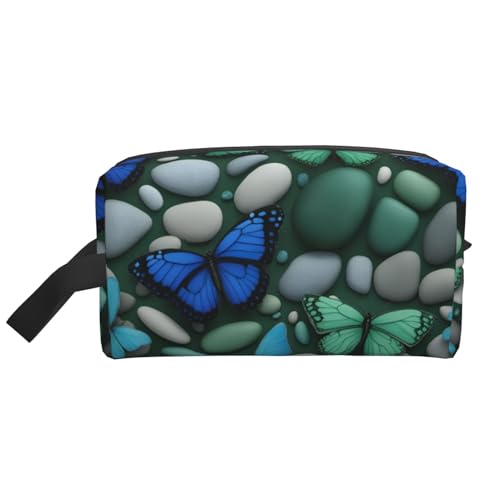 DRTGEDS Kulturbeutel für Herren, Motiv: Blauer Schmetterling und Stein, tragbare Reise-Kulturbeutel, Rasiertasche, kleine Tasche, Blauer Schmetterling, grüner Schmetterling und Stein, Einheitsgröße von DRTGEDS