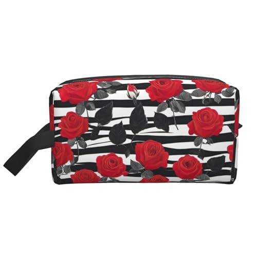 DRTGEDS Kulturbeutel für Herren, tragbar, Reise-Kulturbeutel, Rasiertasche, kleine Tasche, Schwarz / Weiß gestreift, rote Rosen, Schwarz-weiße Streifen, rote Rosen, Einheitsgröße von DRTGEDS