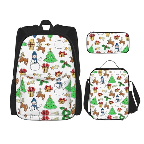 DRTGEDS Merry Christmas Happy Rucksack-Set, Rucksack, 3-in-1, großes Fassungsvermögen, Rucksack mit Lunchbox, Federmäppchen von DRTGEDS