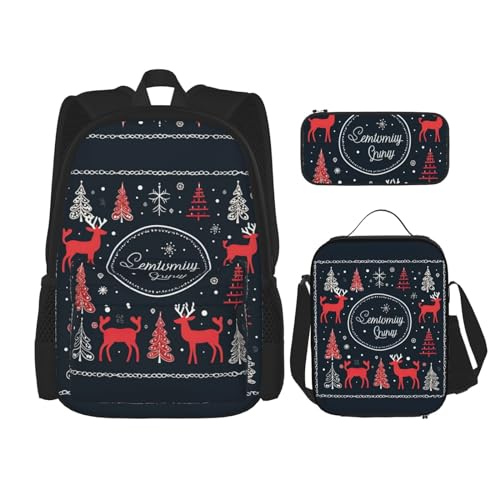 DRTGEDS Merry Christmas Happy Rucksack mit Lunchbox, 3-in-1-Set mit Federmäppchen, Rucksack mit großem Fassungsvermögen und Brustgurt von DRTGEDS