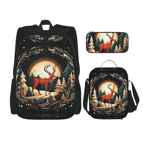 DRTGEDS Merry Christmas Hirsch-Rucksack mit Lunchbox, 3-in-1-Set mit Federmäppchen, Rucksack mit großem Fassungsvermögen und Brustgurt von DRTGEDS