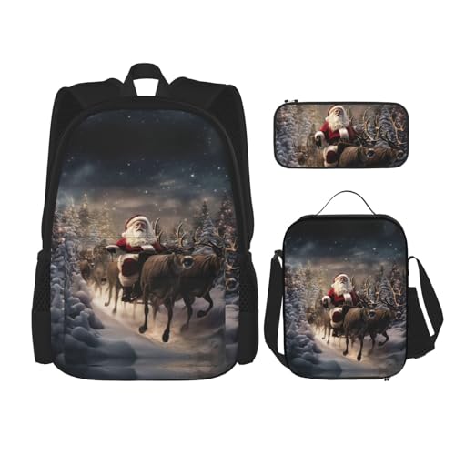 DRTGEDS Merry Christmas Rucksack mit Lunchbox, 3-in-1-Set mit Federmäppchen, Rucksack mit großem Fassungsvermögen und Brustgurt von DRTGEDS