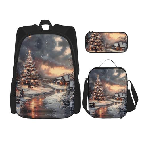 DRTGEDS Merry Christmas Rucksack mit Lunchbox, 3-in-1-Set mit Federmäppchen, Rucksack mit großem Fassungsvermögen und Brustgurt von DRTGEDS