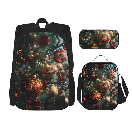 DRTGEDS Merry Christmas Rucksack mit Lunchbox, 3-in-1-Set mit Federmäppchen, Rucksack mit großem Fassungsvermögen und Brustgurt von DRTGEDS