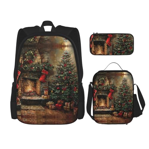 DRTGEDS Merry Christmas Rucksack mit Lunchbox, 3-in-1-Set mit Federmäppchen, Rucksack mit großem Fassungsvermögen und Brustgurt von DRTGEDS