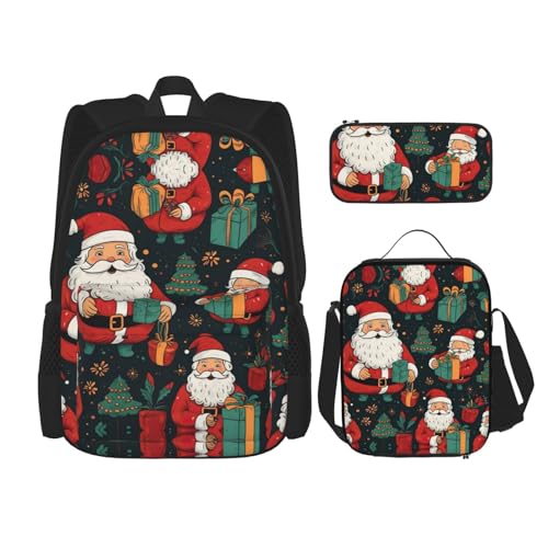 DRTGEDS Merry Christmas Rucksack mit Lunchbox, 3-in-1-Set mit Federmäppchen, Rucksack mit großem Fassungsvermögen und Brustgurt von DRTGEDS