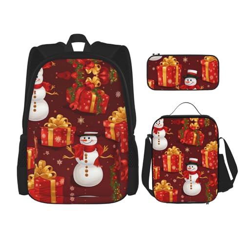 DRTGEDS Merry Christmas Rucksack mit Lunchbox, 3-in-1-Set mit Federmäppchen, Rucksack mit großem Fassungsvermögen und Brustgurt von DRTGEDS