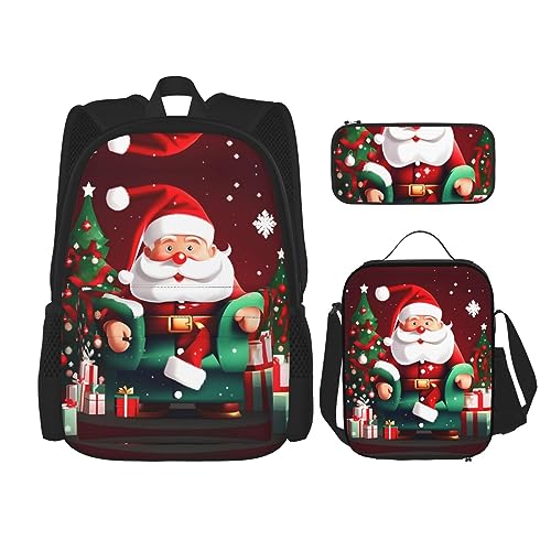 DRTGEDS Merry Christmas Weihnachtsmann-Geschenkrucksack, 3-in-1-Set, lässiger Rucksack mit Lunchbox, Federmäppchen, wasserabweisend von DRTGEDS