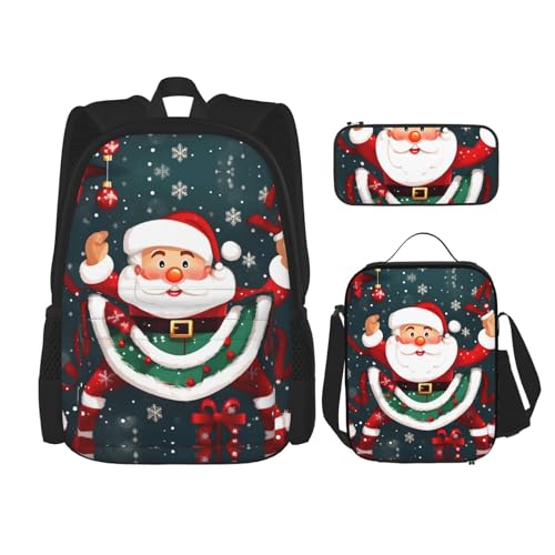 DRTGEDS Merry Christmas Weihnachtsmann-Rucksack, 3-in-1-Set, lässiger Rucksack mit Lunchbox, Federmäppchen, wasserabweisend von DRTGEDS