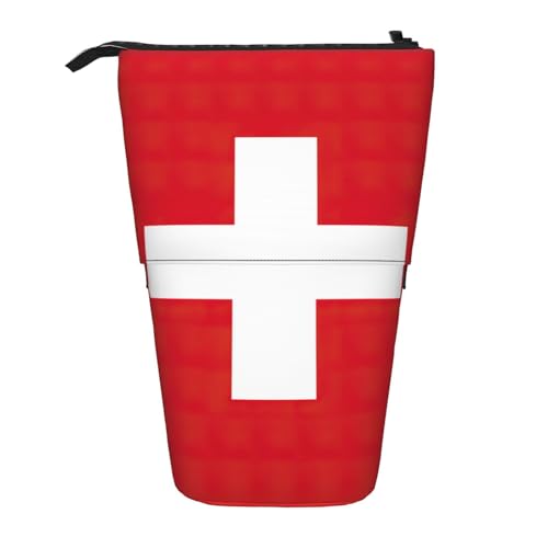 DRTGEDS Stehende Schreibwarentasche mit Schweizer Flagge, Teleskop-Stifttasche, Make-up-Organizer, Federmäppchen, Schwarz , Einheitsgröße, Modische Drucke von DRTGEDS