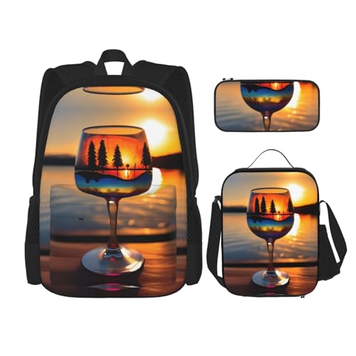 DRTGEDS Sunset Weinglas-Rucksack, 3-in-1-Set, lässiger Rucksack mit Lunchbox, Federmäppchen, wasserabweisend DRTGEDS Sunset Weinglas-Rucksack, 3-in-1-Set, lässiger Rucksack mit Lunchbox, Federmäppchen, wasserabweisend von DRTGEDS