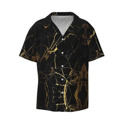 Schwarz-Weiß Kuhdruck Herren Baumwollhemd Herren Kurzarmhemd Knopf Freizeithemd Lose Oberteil Urlaub, Stilvolle goldfarbene Marmorierstruktur, Mittel von DRTGEDS