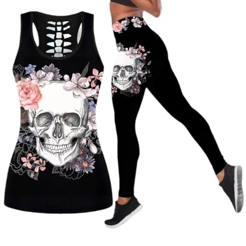 DRZHEAM Damen Zucker Schädel Yoga Outfits für Frauen 2 Stück Sets, Weihnachten Tank Tops Leggings Training Activewear für Mädchen von DRZHEAM