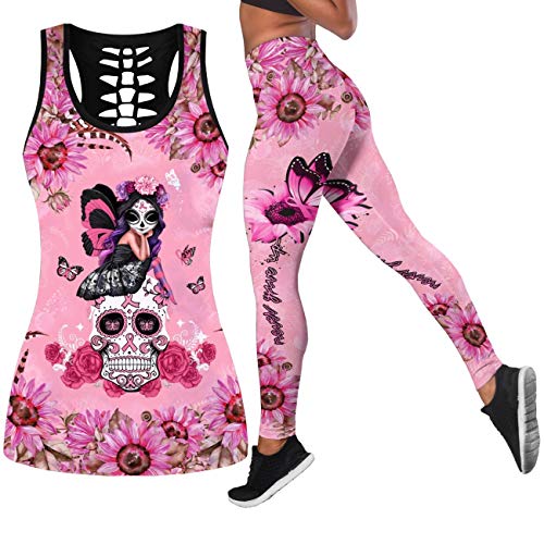 DRZHEAM Frauen 2 Stück Casual Totenkopf Outfits 3D Gedruckt Aushöhlen Tank Tops Yoga Leggings Jogger Sets Activewear (Pink, XXL) von DRZHEAM