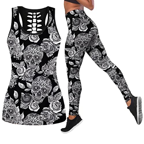 DRZHEAM Frauen 2 Stück Casual Totenkopf Outfits 3D Gedruckt Aushöhlen Tank Tops Yoga Leggings Jogger Sets Activewear (skull 01, L) von DRZHEAM