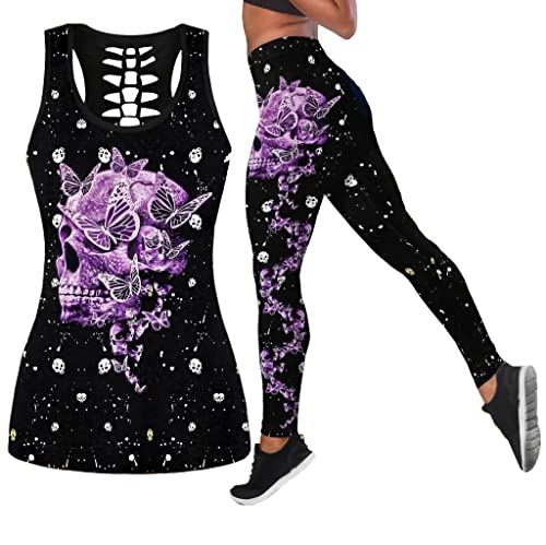 DRZHEAM Frauen 2 Stück Casual Totenkopf Outfits 3D Gedruckt Aushöhlen Tank Tops Yoga Leggings Jogger Sets Activewear (skull 02, L) von DRZHEAM