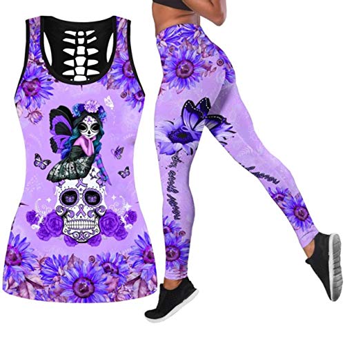 DRZHEAM Damen Zucker Schädel Yoga Outfits für Frauen 2 Stück Sets, Weihnachten Tank Tops Leggings Training Activewear für Mädchen von DRZHEAM