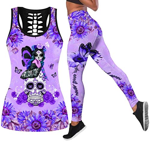 DRZHEAM Frauen 2 Stück Casual Totenkopf Outfits 3D Gedruckt Aushöhlen Tank Tops Yoga Leggings Jogger Sets Activewear von DRZHEAM