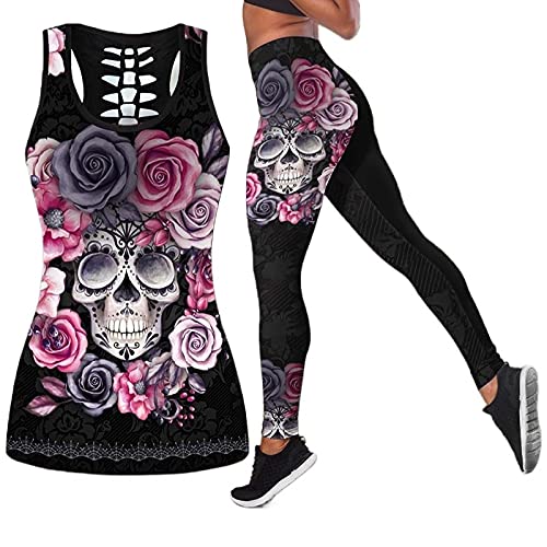 DRZHEAM Frauen 2 Stück ärmellose Totenkopf Tank Tops und hohe Taille Yoga Leggings Gym Outfits Activewear Sportbekleidung (as3, alpha, s, regular, regular, Black-1) von DRZHEAM