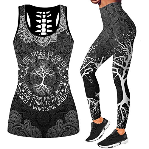 DRZHEAM Frauen 2 Stück Casual Totenkopf Outfits 3D Gedruckt Aushöhlen Tank Tops Yoga Leggings Jogger Sets Activewear von DRZHEAM
