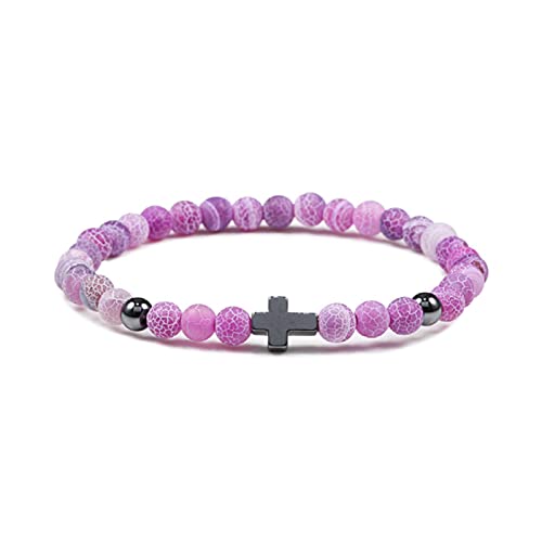 DSAI 6MM Naturstein Hämatit Kreuz Perlen Armband Jesus Gebet Elastische Armbänder Armreifen Männer Frauen Rosenkranz Yoga Modeschmuck Geschenk Lila verwittert von DSAI